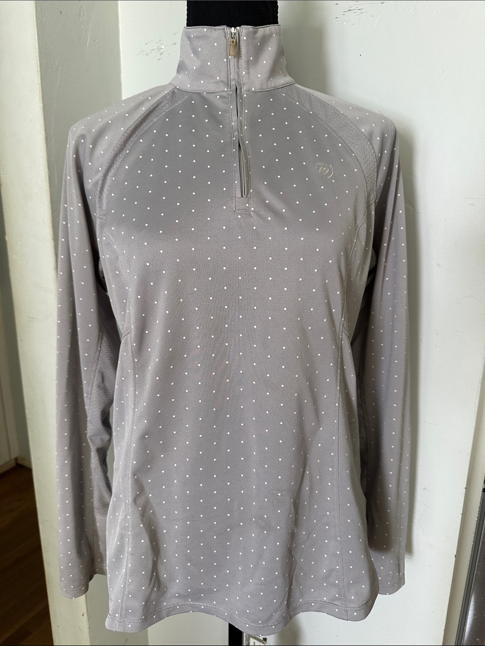 Women's Light Gray Polka Dot Quarter-Zip Long-Sleeve Equestrian Shirt